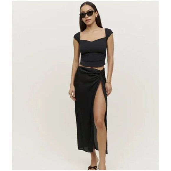 Reformation Sophia Midi Sheer Skirt 4 High Slit Black Front Knot Sexy - Picture 1 of 13